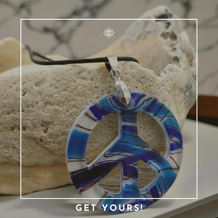 BESHEEK Murano Inspired Peace Sign Blown Glass Lampwork Art Pendant Necklace for Women Handcrafted Artisan Hypoallergenic Italian Style Jewelry