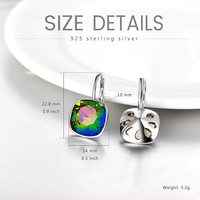 AOBOCO Sterling Silver Leverback Earrings Embellished with Crystals from Austria, Hypoallergenic Cushion Cut Square Crystal Earrings, Fine Anniversary Birthday Jewelry Gifts for Women