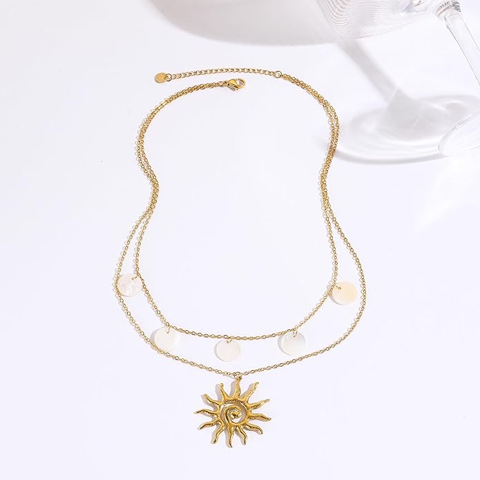Gold Necklace for Women, Dainty 14K Gold Plated Layered Sun Pendant Necklace Gold Charm Chocker Jewelry Gift for Her