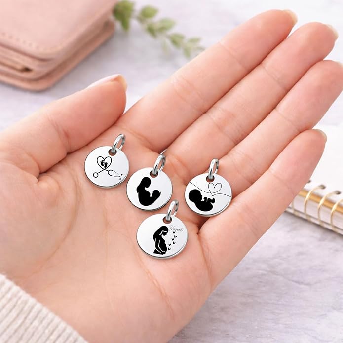 SM Design Pregnancy & New Baby Charm Set – Set of 4 Meaningful Stainless Steel Charms – Great for Crafting, Making Bracelets and Necklaces - Meaningful Keepsake Charms for Expecting & New Moms