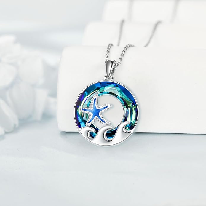TOUPOP Sea Turtle/Mermaid/Dolphin/Shell/Starfish/Conch/Seahorse Necklace for Women Sterling Silver Ocean Pendant Necklace with Crystal Ocean Beach Charm Jewelry Birthday Christmas Gifts