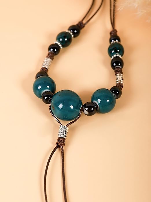MINACHI Vintage Bohemian Ethnic Colorful Ceramic Bead Long Y Necklace, Hippie Boho Summer Fashion Jewelry Gift for Women