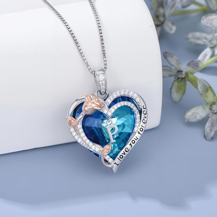 PELOVNY Rose Heart Initial Necklaces for Women S925 Sterling Silver Alphabet Letter Crystal Necklace Initial Pendant Jewelry Gifts for Mom Daughter Wife