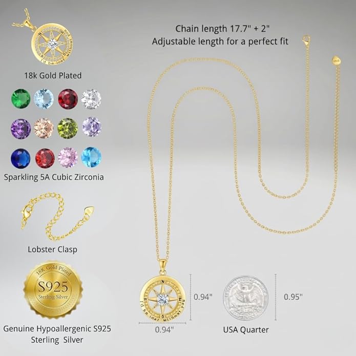 Compass Necklace for Women Wife Girlfriend Mom Daughter Gifts S925 Sterling Silver Jewelry For Anniversary Rose Gold Gifts For Birthday Christmas Mothers Valentines Day 12 Birthstones