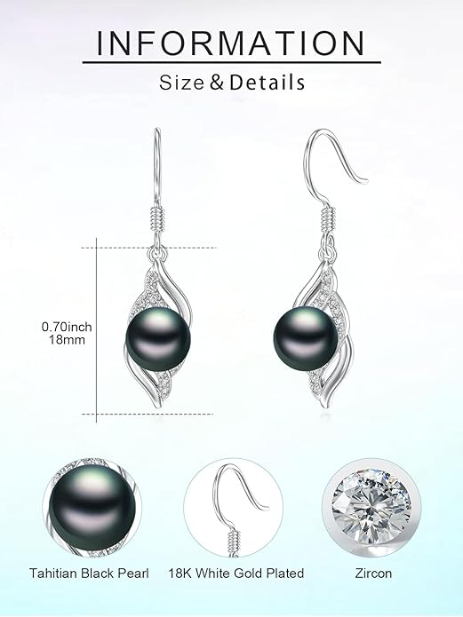 Tahitian Black Pearl Earrings Gifts for Women Wife Celtic Dangle Drop Earrings Wedding Birthday Anniversary Jewelry Valentines Christmas Day Gifts 925 Sterling Silver