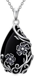 Black Onyx Necklace 925 Sterling Silver Flower Insect Pendant Teardrop Onyx Jewelry Valentines Day Birthday Gifts for Women