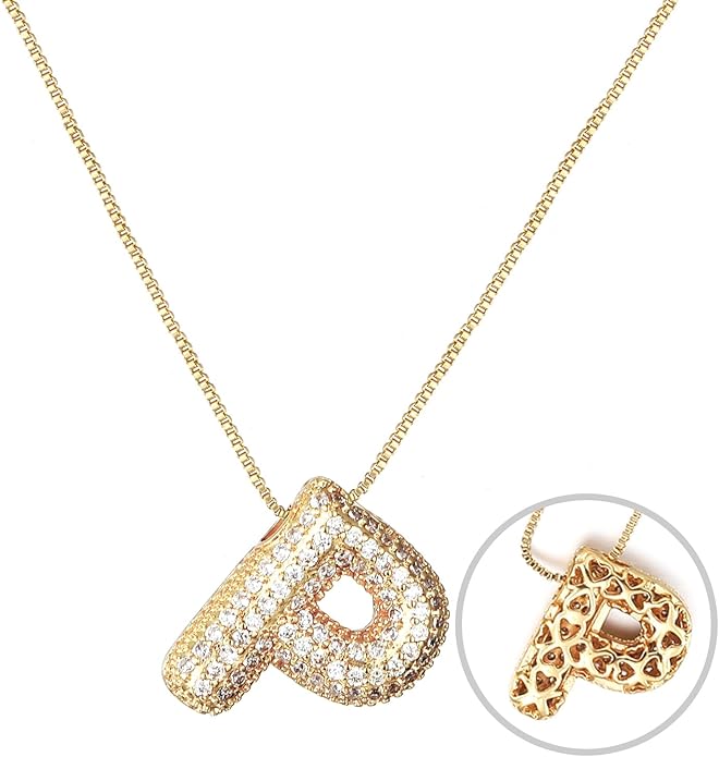 RWQIAN Letter Necklace for Women Bubble, Chunky Initial Alphabet A-Z Pendant Puffy Name Personalized Necklace Dainty Zircon CZ Fashion Jewelry Gifts for Girls Girlfriend