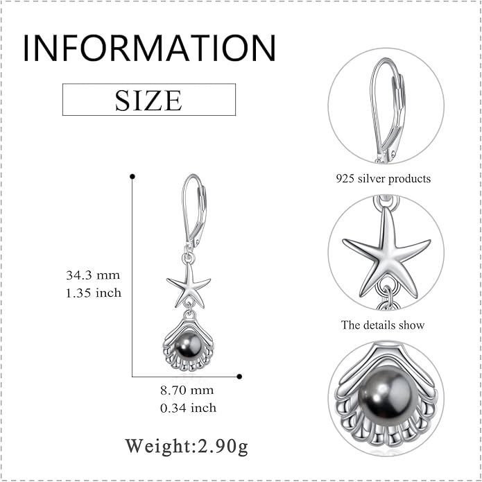 VONALA Silver/Gold Seashell Pearl Dangle Earrings 925 Sterling Silver Beach Drop Dangle Earrings Starfish Leverback Earrings Ocean Jewelry Gifts for Women