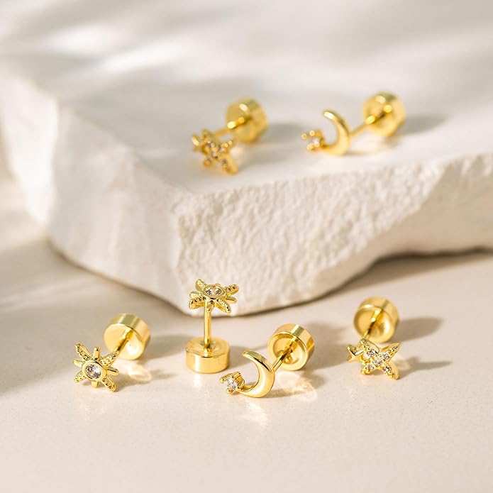 VRIUA 20G Tiny Flat Back Earrings for Women - 14K Gold/Silver Plated Small Flat Back Stud Earrings Hypoallergenic Cartilage Helix Piercing Jewelry