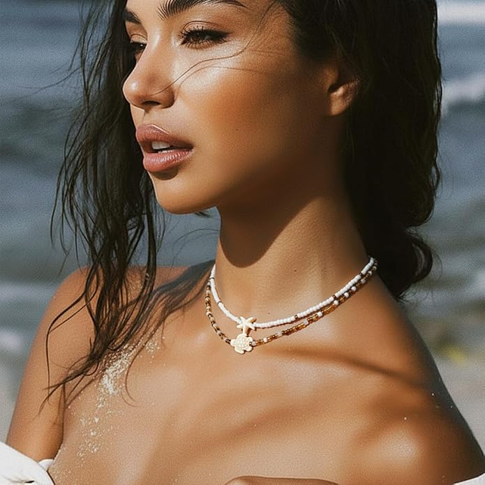 Women's Shell Starfish Boho Layered Beaded Necklace Choker for Summer Beach Vacation Gifts for Birthday/Anniversary/Christmas