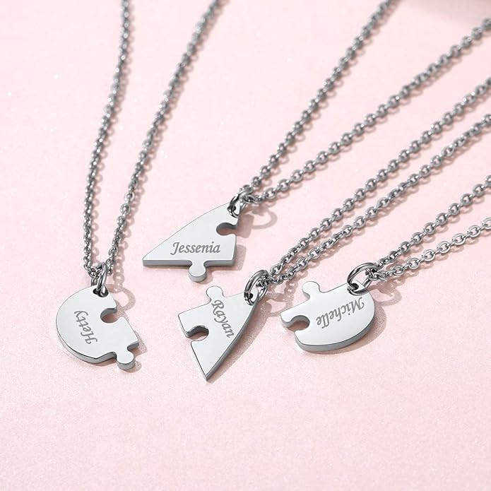 FindChic Personalized Matching BFF Necklace for 2/3/4/5/6 Puzzle Name Heart Pendant Stainless Steel Couple Necklace Set Customized Necklaces for Teen Girls