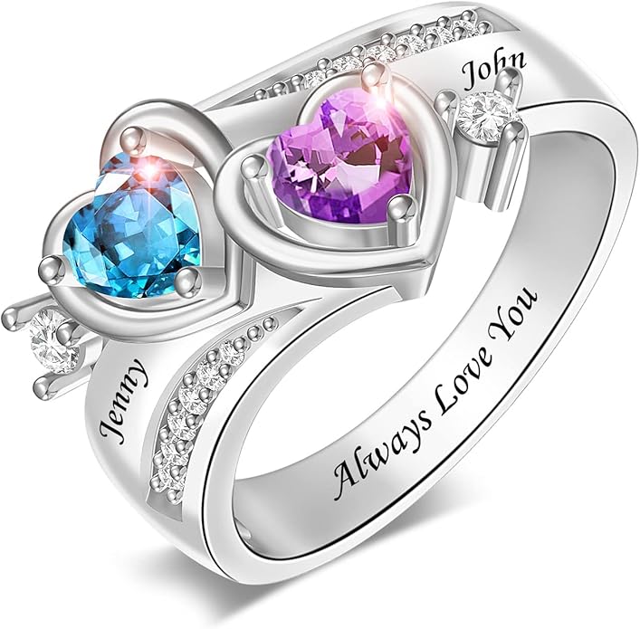 Personalized Heart Birthstone Rings for Women with 2 Birthstones Custom Name Rings for Couple Mother Daughter Jewelry Gift for Mother Her Christmas