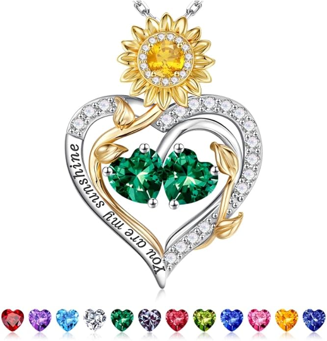 Iefil Valentines Day Gifts for Her - 925 Sterling Silver Sunflower Double Birthstone Necklace for Women, Anniversary Birthday Gifts for Wife, You Are My Sunshine Necklaces, Jewelry for Wife Mom