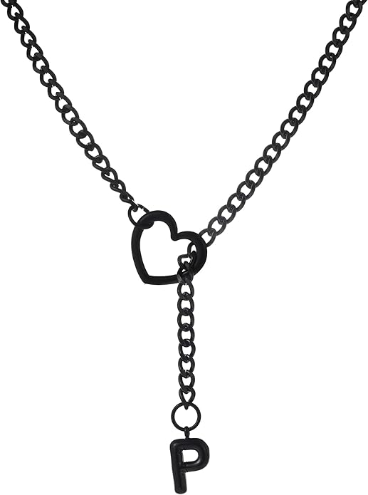 Black Heart Slip Chain Initial Necklaces for Women,Stainless Steel O-Ring Adjustable Lariat Heart Y-Necklace,Punk Gothic Cuban Collar Choker Necklace for women