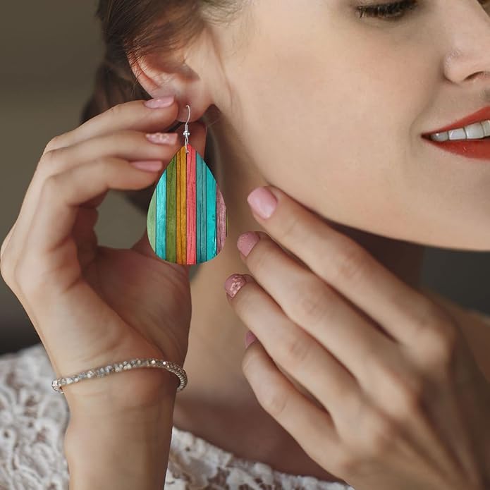 Vintage Wood Wooden Print Faux Leather Teardrop Earrings for Women Drop Dangle Earrings