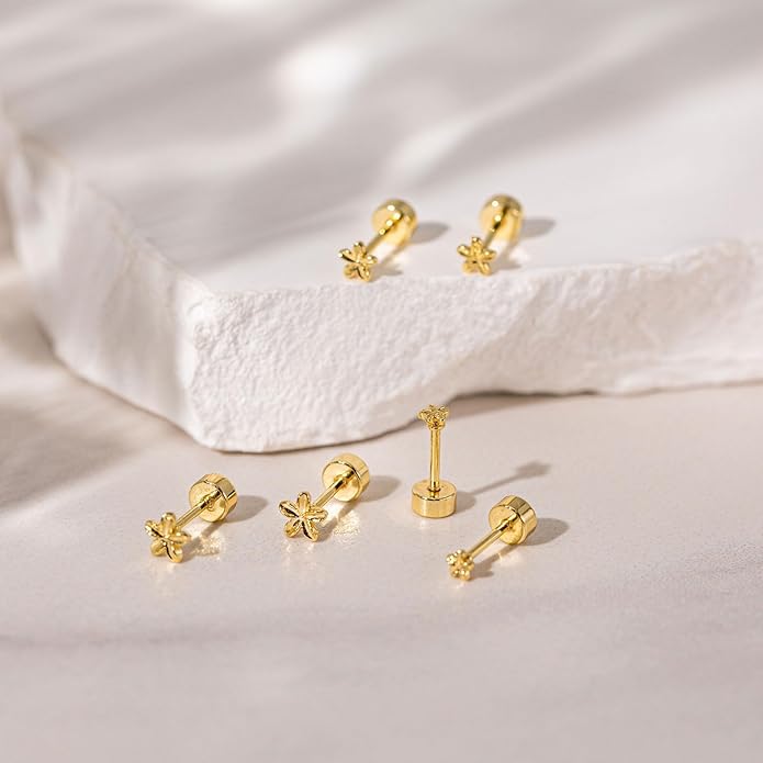 VRIUA 20G Tiny Flat Back Earrings for Women - 14K Gold/Silver Plated Small Flat Back Stud Earrings Hypoallergenic Cartilage Helix Piercing Jewelry