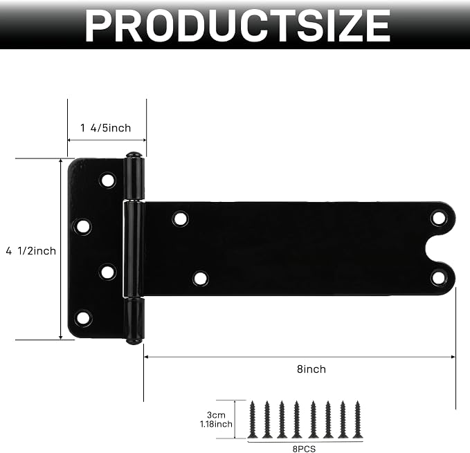 6 Pack 8” Heavy Duty Gate Hinges, 300 Lbs Capacity Black Door Hinges | T Gate - Image 2