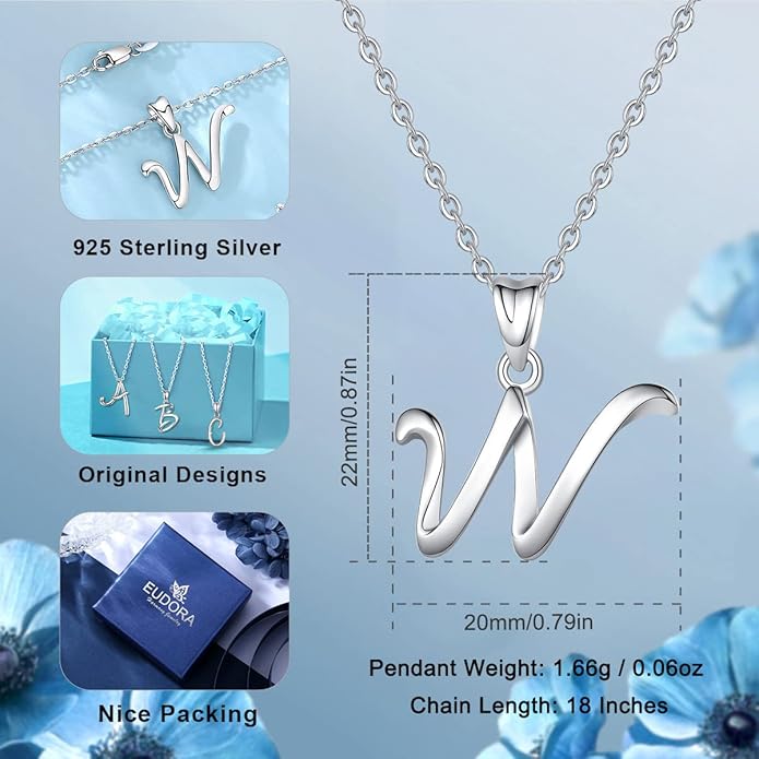 EUDORA Sterling Silver Initial Necklaces for Women, Classic 26 Letter Neckless Gifts for Girls, Sister, Mother Daughter, 18 inch Chain