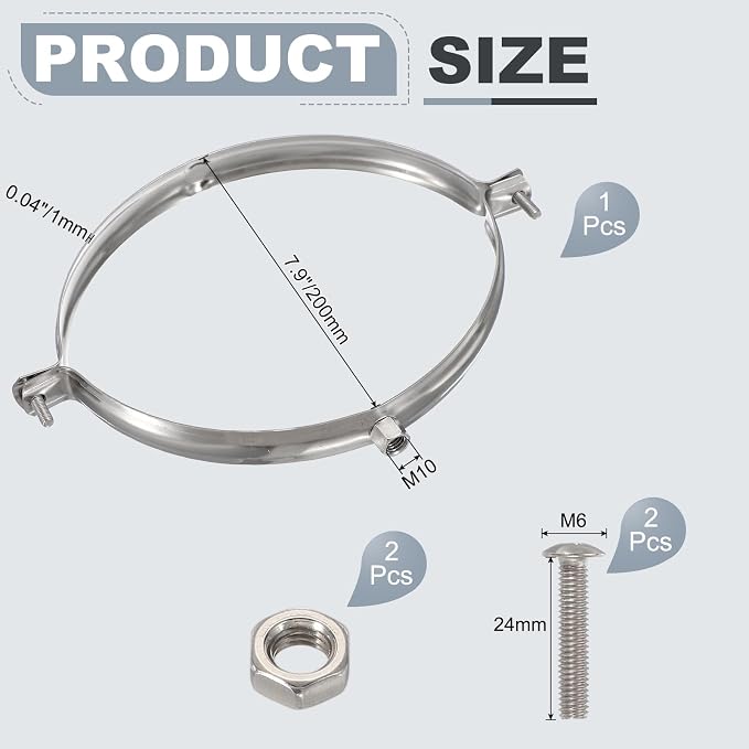 HARFINGTON 201 Stainless Steel 7.9"/200mm Split Ring Pipe Hanger Pipe Strap - Image 2
