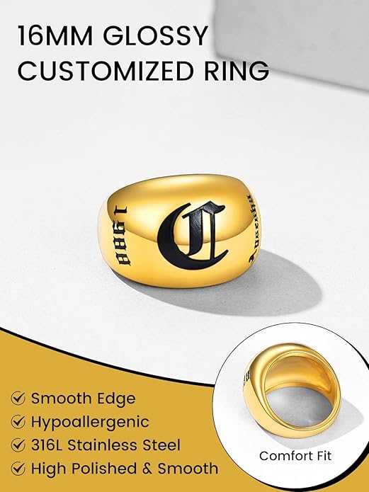 GOLDCHIC JEWELRY Chunky Dome Ring for Women, Stainless Steel Bold Stacking Croissant Statement Ring For Men (Size 7-12, Custom)