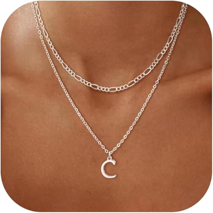 Initial Necklaces for Women Dainty Gold Silver Layered Letter Pendant Necklace Cute Figaro Chain Choker Necklace Personalized Trendy Stuff Jewelry Stack Gift for Women Her