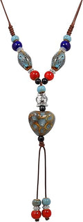 MINACHI Boho Hippie Colorful Ceramic Heart Bead Strand Necklace, Bohemian Summer Statement Jewelry Gift for Women