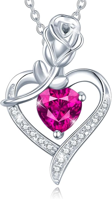 AGVANA Valentines Day Gifts Rosy Reverie Birthstone Necklace for Women Sterling Silver Genuine or Created Gemstone Rose Flower Heart Pendant Necklace Anniversary Birthday Gifts for Women Mom Wife Her