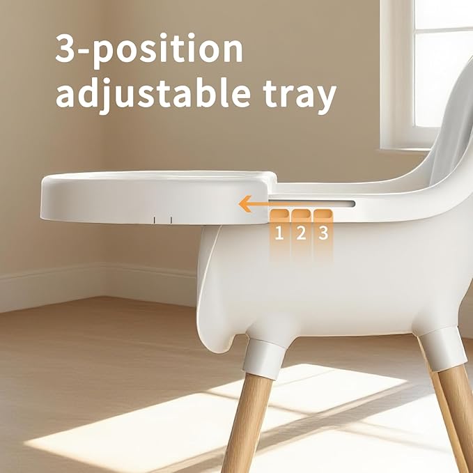 Baby High Chair, Wooden Highchair with Removable Tray, Adjustable Legs, Cushion, 5-Point Harness and Footrest for Infants, Baby, Toddlers, Gray