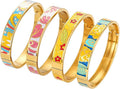 Enamel Bangle Set, 18K Gold Plated Stainless Steel, 4-Piece Bracelet Handcrafted Gorgeous Collection with Abstract and Floral Patterns, 6-7 Inch Wrist Size, Women's Fashion Jewelry