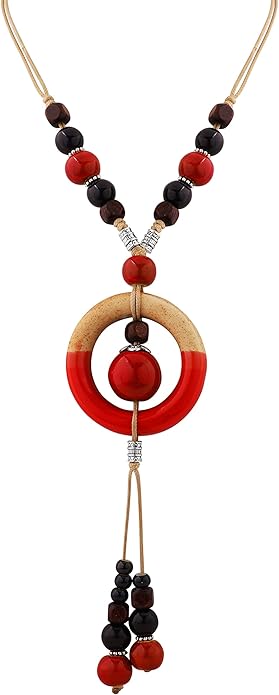 MINACHI Boho Hippie Colorful Ceramic Beads Strand O Ring Circle Charm Long Y Necklace, Vintage Bohemian Statement Jewelry Gift for Women