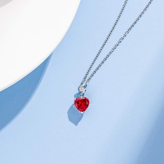 AGVANA Valentines Day Gifts 14K Solid White Gold Diamond Gemstone Pendant with Sterling Silver Chain 8mm Heart Birthstone Necklace Fine Jewelry Anniversary Birthday Gifts for Women Mom Wife