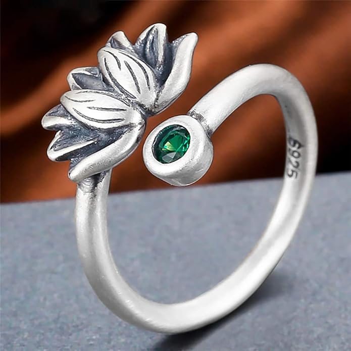 BALMORA Real 925 Sterling Silver Vintage Leaf Rings for Women Men Retro Lotus Feather Flower Adjustable Open Ring Floral Leaves Finger Statement Promise Ring Fashion Jewelry Birthday Gifts for Mom Daughter