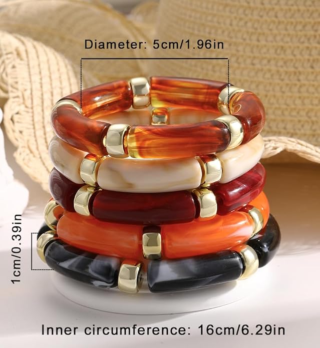 iF YOU 6pcs Chunky Acrylic Bangle Bracelets for Women, Resin Bamboo Brown Stretchy Bracelet Stack, Fashion Jewelry for Women