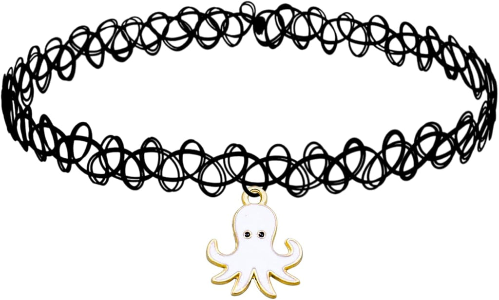BodyJ4You 2PC Tattoo Choker Necklace - 90s Choker Necklace Women - 2000s Y2K Black Chokers Rainbow Choker - Butterfly Ying Yang Unicorn Rainbow Charms - Stretchy Elastic Necklace