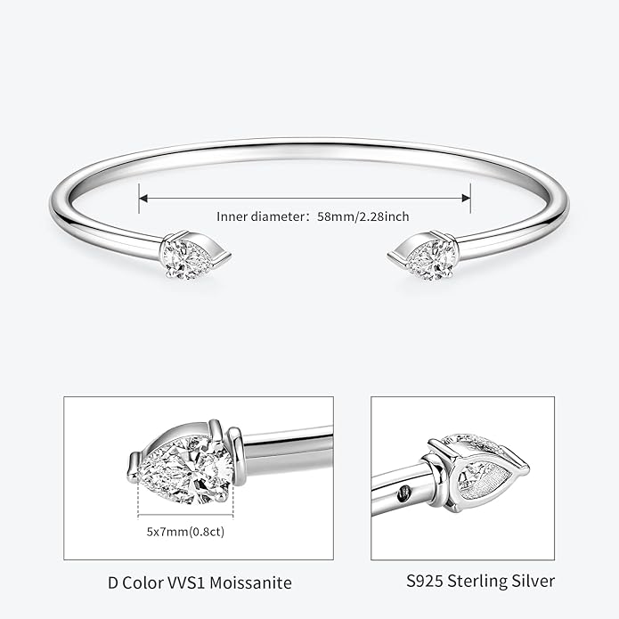 Pear Moissanite Cuff Bangle for Women, 1.6cttw D Color 5x7mm Pear Cut Moissanite, 925 Sterling Silver Dainty Bridal Cuff Bracelet, Fashion Wedding Jewelry for Her