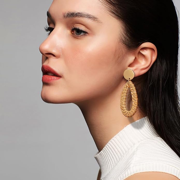 4 Pairs Handmade Raffia Rattan Bohemian Round Drop Dangle Earrings for Women, Boho Statement Cute Fun Hoop Earrings Set