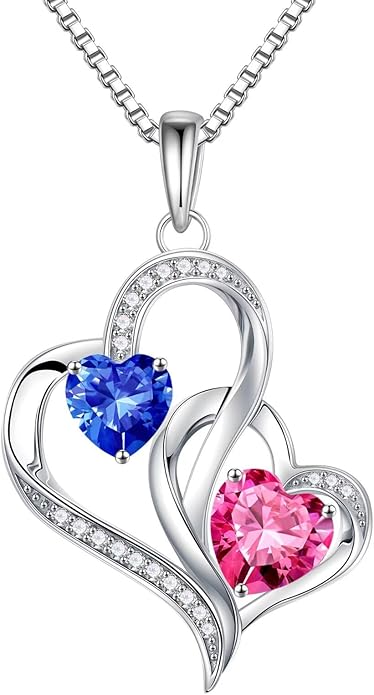 Iefil Valentines Day Gifts for Her - 925 Sterling Silver Double Birthstone Necklace, Heart Necklaces for Women, Anniversary Birthday Gifts, Personalized Jewelry Gift for Wife Mom Girlfriend