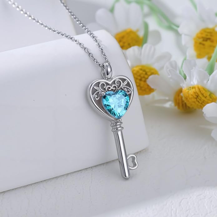 WSX Heart Key Birthstone Necklace for Women 925 Sterling Silver Love Key Pendant with Birthstone Valentine's Day Anniversary Jewelry Gift for Her