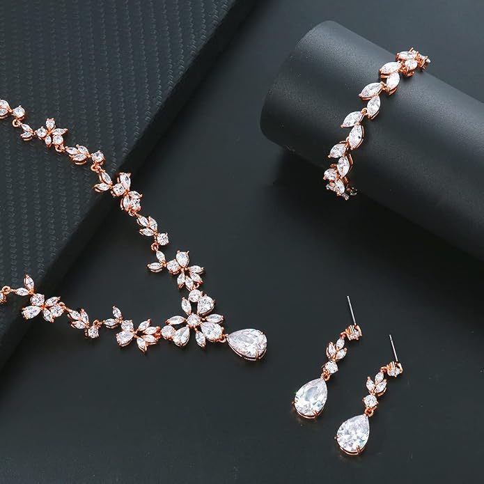 Bridal Wedding Jewelry CZ Set Marquise Teardrop Cubic Zirconia Pendant Necklace and Dangle Earring Bracelet Sets for Women