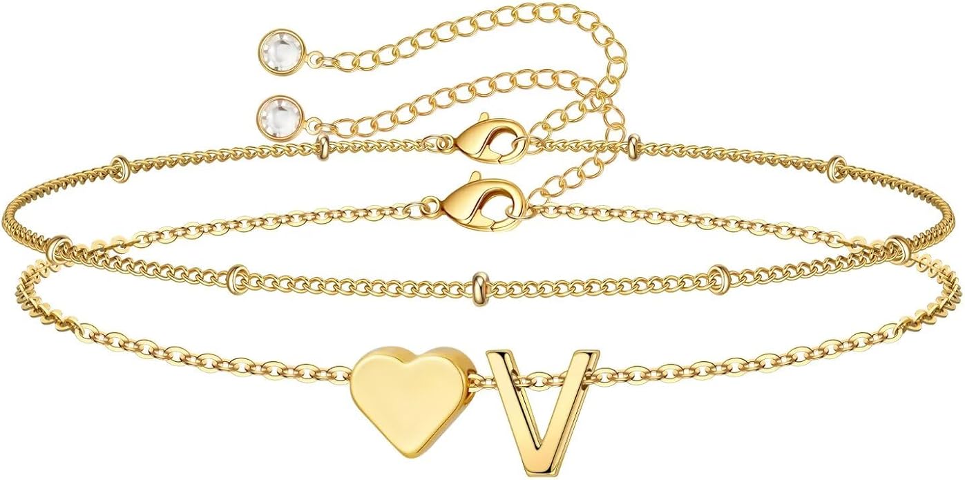 M MOOHAM Valentines Day Gifts for Kids Teen Girls -14K-Gold-Plated Heart Initial A-Z Bracelets for Women Girl Dainty Gold Bracelets Birthday Valentines Gifts for Women Her Teenage Girls Kid Teen Gift