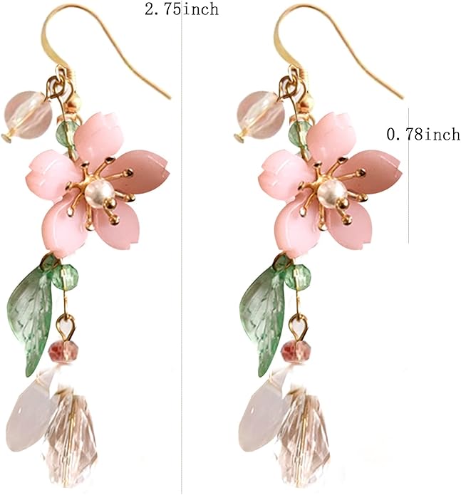 Kruckel Earrings for Women Trendy, Plum Blossom, Pink Flower Earring with Green Leaves, Sakura, New Year Earring Winter Jewelry, Fashion Design Cute Elegant with 925 Sterling Silver Post