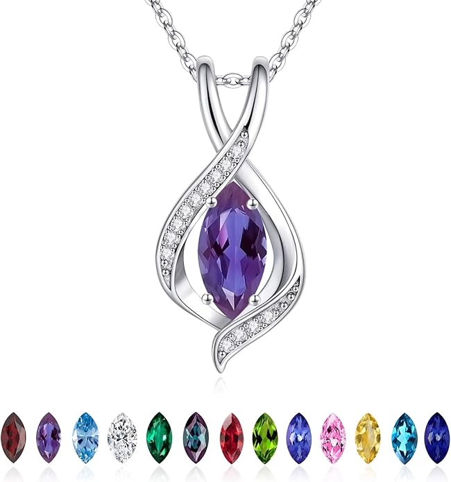 Iefil Valentines Day Gifts for Her, 925 Sterling Silver Marquise Birthstone Necklace Birthday Gifts Dainty Necklaces Birthstone Jewelry for Wife Daughter, 19"+2" Inches