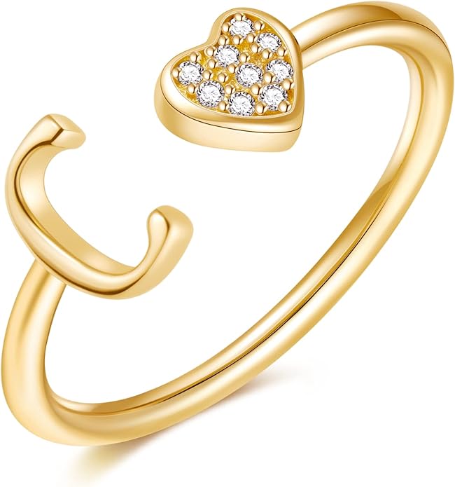 Valentines Day Gift Initial Rings for Teen Girls - S925 Heart Sterling Silver Rings for Teen Girls | 14K Gold/Rose Gold/Sterling Silver Plated Ring for Girls Kids Women Ring for Teenager Girls Gifts Adjustable, No Tarnish, Hypoallergenic
