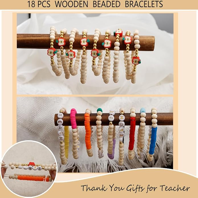 COLOYAN 18PCS Teacher Appreciation Gifts for Women Men, Teacher Gifts Wooden Beaded Bracelet elastic Clay Bracelet, Birthday Christmas Thanksgiving Thank You Gifts for Teachers
