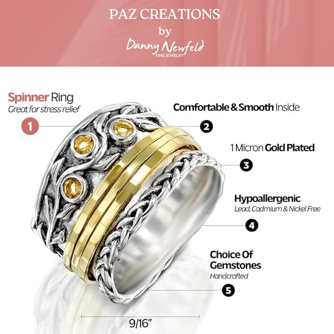 Paz Creations 925 Sterling Silver Spinner Rings for Women With Natural Gemstones - Hammered Pattern Thick Band - Handcrafted Artisan Jewelry - Fidget Rings - Gift For Her