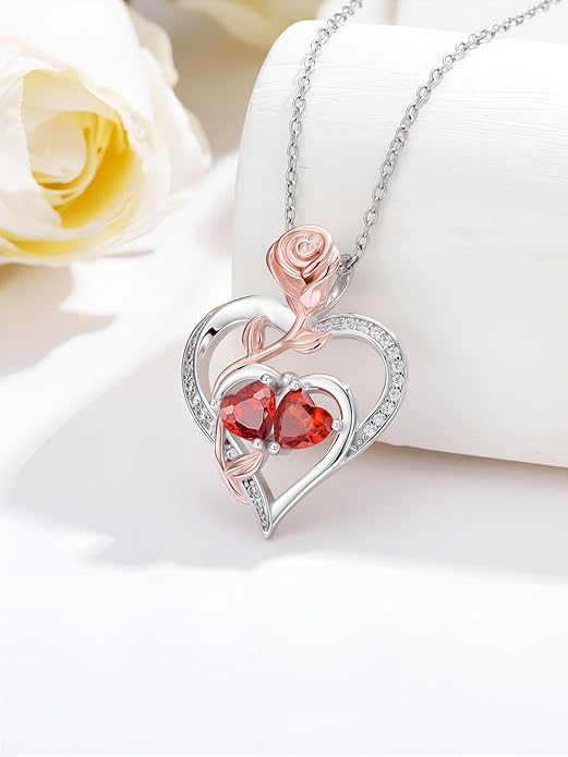 Rose Flower Heart Pendant for Women Birthday Gifts 18k Gold Plated Mother Daughter Necklace with 12 Months Birthstone Christmas Valentines Day Gifts for Her Mom Anniversarry Jewelry for Mom Wife Girlfriend