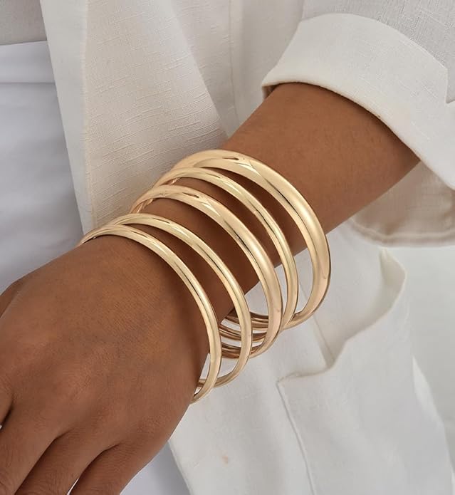 Chunky Gold Bangle Bracelets for Women, Dainty 14k Gold Plated Big Stackable Bangles Set, Trendy Statement Cuff Bracelet Stack Fashion Jewelry Christmas Gifts