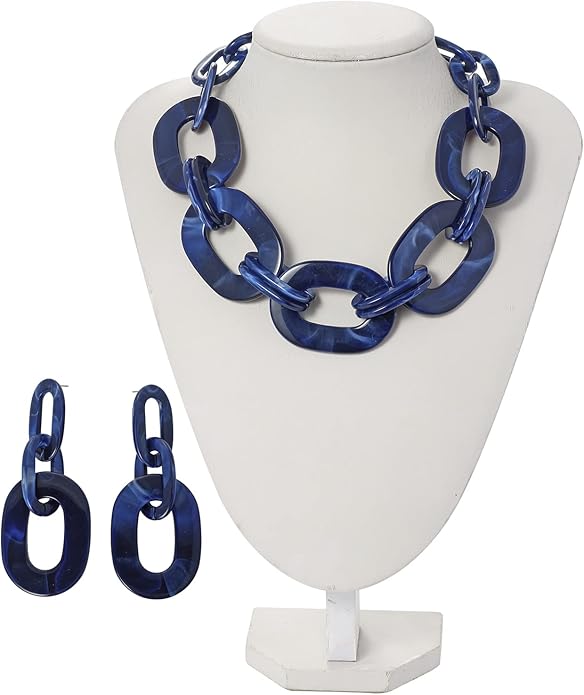 Bocar Acrylic Chunky Statement Necklace for Women Cube Link Chain Collar Necklace and Hoop Earrings Costome Jewelry Set