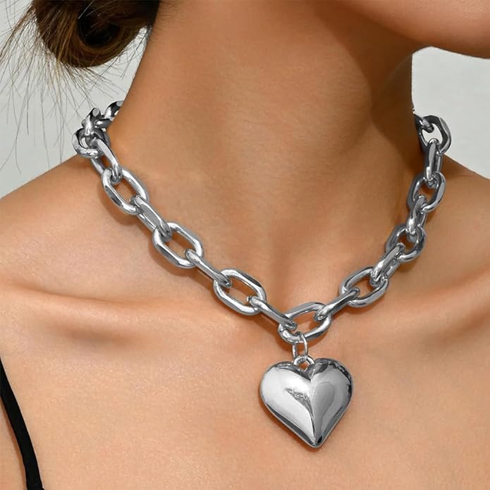 Chunky Gold Heart Necklace for Women,Y2K Big Heart Statement Necklace Long Puffy Hearts Chain Charm Necklaces Trendy Jewerly
