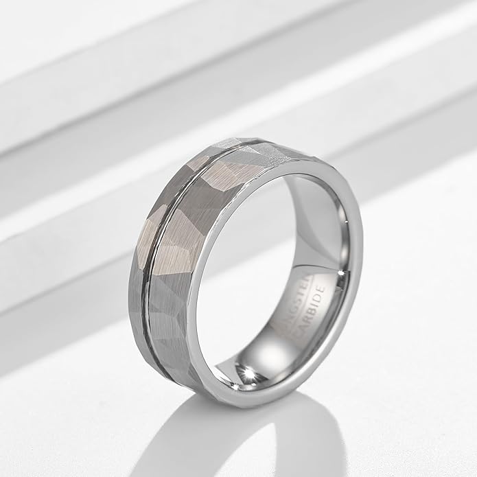 | Faceted Borderline Band - 8mm Wide Textured Grey Tungsten Ring for Men & Women